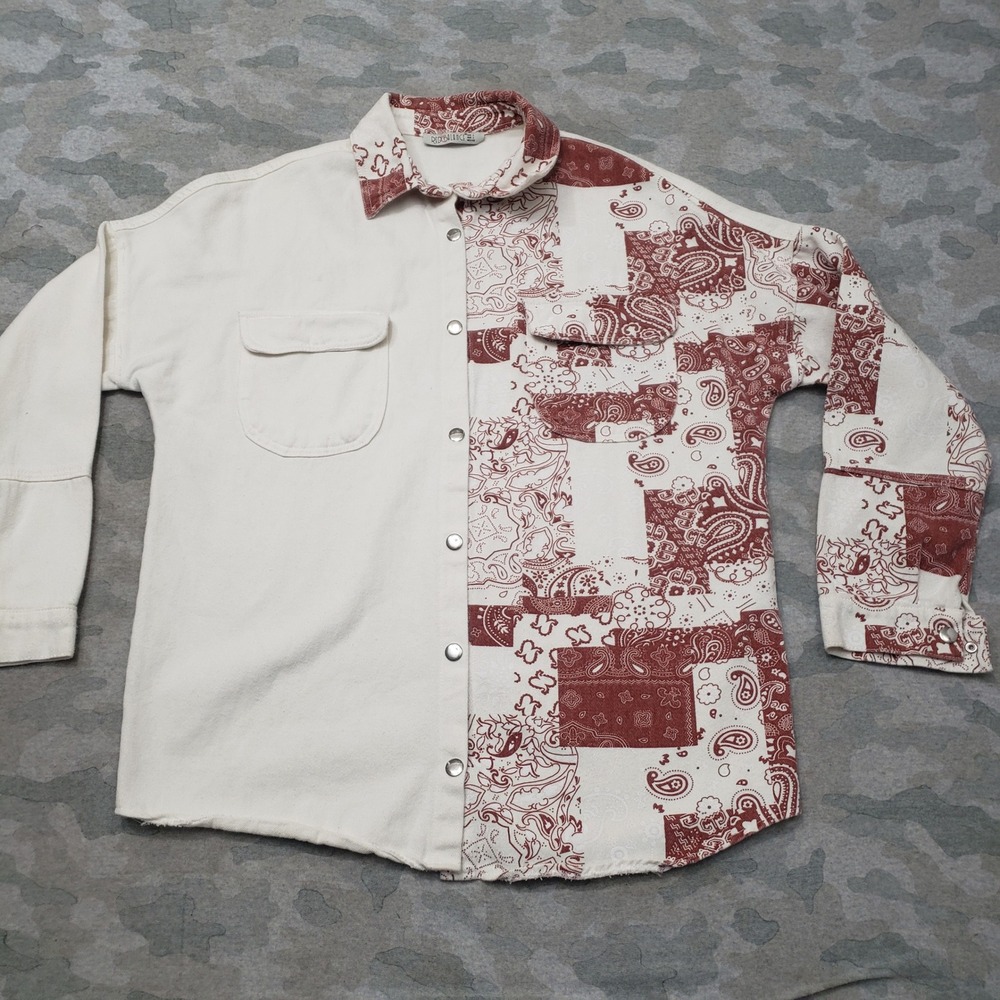 Red Balance Top Womens Large White Snap Long Sleeve Canvas Western